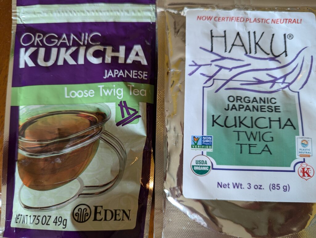 Two Kukicha tea packages: Eden Foods and Haiku